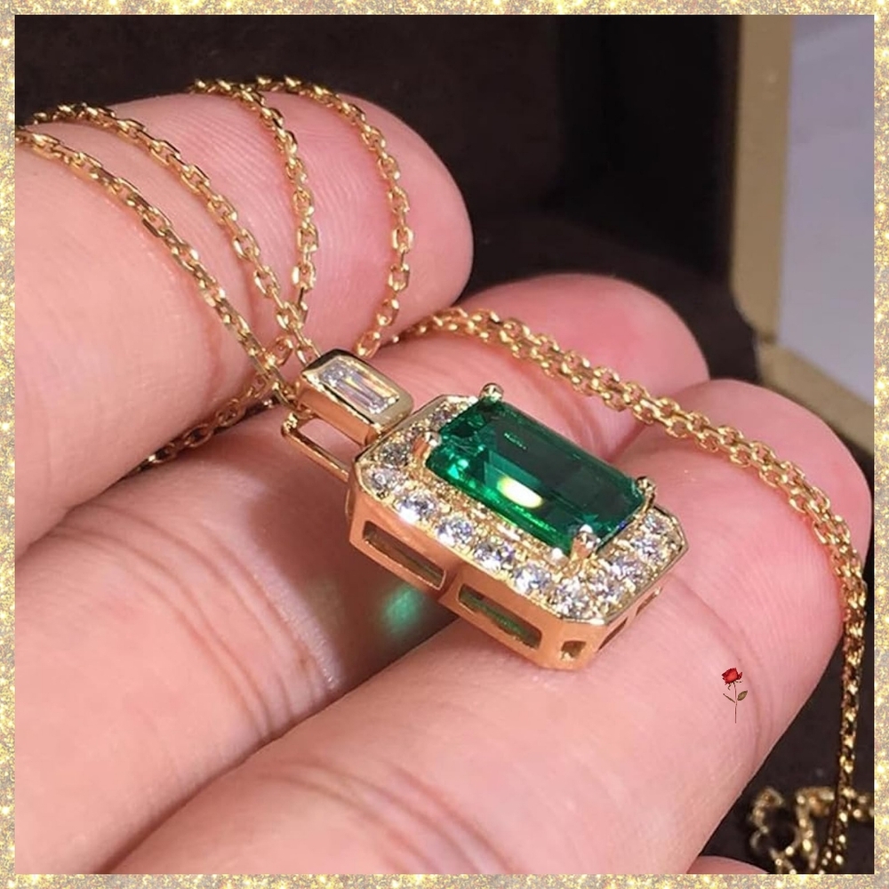 5ct Emerald-Cut Green Cubic Zirconia Micro Paved Halo Gold Tone Pendant Necklace - Picture 2 of 8